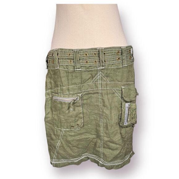 Pete & Greta 100%‎ Green Linen Belted Cargo Mini Skirt Size 4 Retro Midi Skirt - Picture 3 of 10